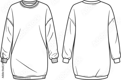 Technical fashion flat sketch of long sleeve sweatshirt dress with ribbed cuffs neckline hem, front and back view illustration