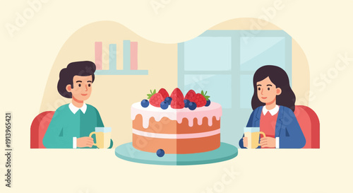 Two people enjoy cake and drinks at a table in a room