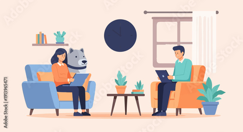 Two people and a dog sit on sofas, working on laptops in a cozy room