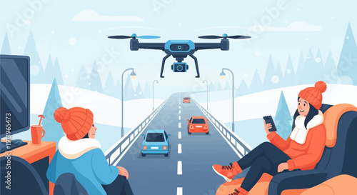 Two people observe a drone flying over a snow-covered road in winter