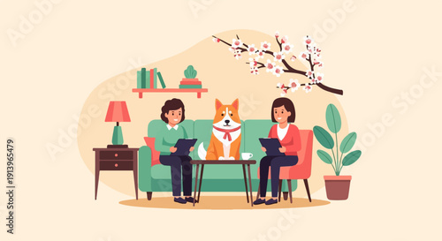 Two people and a dog sit on a sofa in a room with a plant and flowers