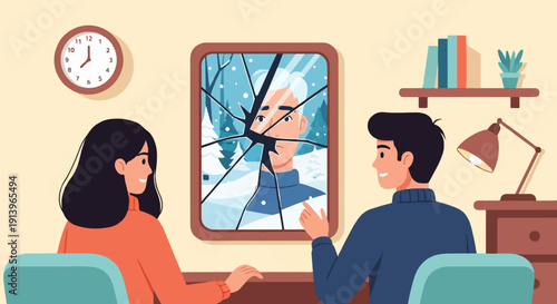 Two people observe a cracked mirror reflecting a winter landscape with a man