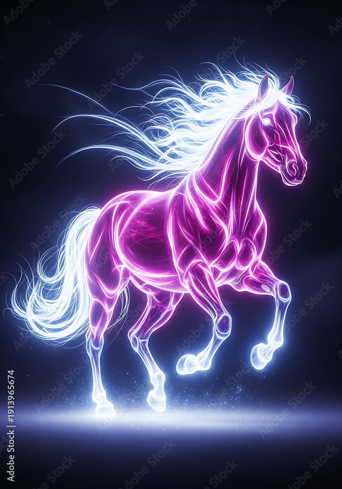 Naklejka premium Majestic equine illuminated in neon radiance on a dark cosmic canvas