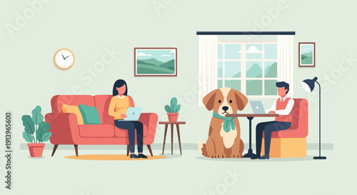 Two people and a dog work and relax in a cozy, modern living room