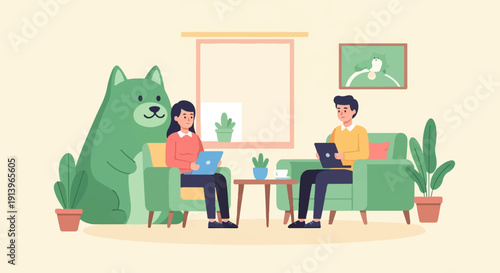 Two people and a dog sitting on couches with laptops, indoor scene