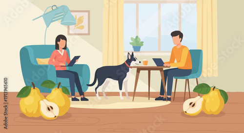 Two people and a dog work on laptops in a cozy living room (2)