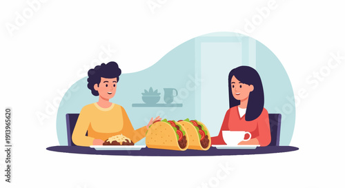 Two people enjoying tacos and a meal at a table