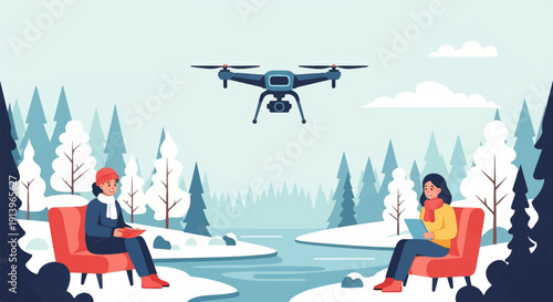 Two people enjoying winter outdoors with a drone flying overhead