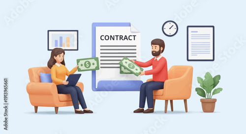 Two people exchange money at a contract signing with a chart and clock