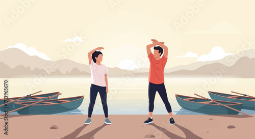 Two people exercise by a lake with boats and mountains in the background