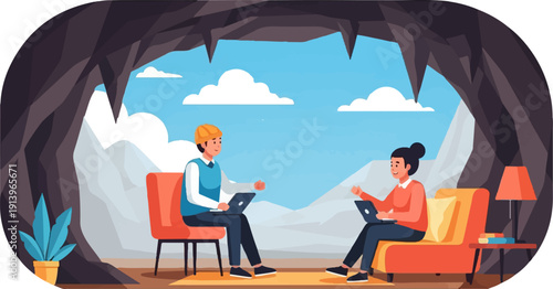 Two people in a cave meeting on laptops, with mountains and clouds outside