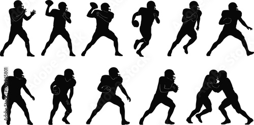 American football player silhouette collection showing quarterback throws, running, blocking, and tackling action poses, black vector illustration set isolated on white background for sports design