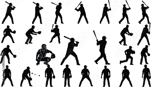 Baseball player silhouette collection showing batting, pitching, catching, running, and fielding actions, black vector illustration set isolated on white background for sports design use