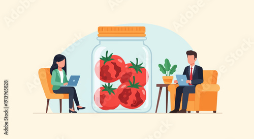 Two people on chairs with laptops by a jar of tomatoes and a plant