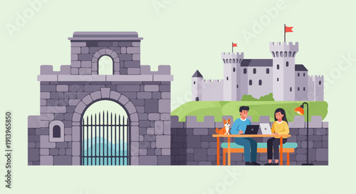 Two people and a dog work on laptops outside a castle