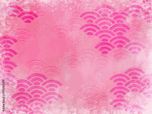 和風背景 ピンクのにじみテクスチャに青海波模様が広がる和柄デザイン素材 年賀状や和モダン装飾に使える華やかな抽象ベクター / Japanese Background Pink Wash Texture with Seigaiha Wave Pattern Traditional Decorative Abstract Vector for New Year and Design