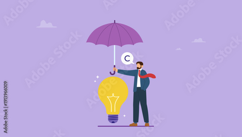 Businessman covering lightbulbs with umbrella. Legal protection of creative ideas, copyright law protecting inventions concept. Flat vector illustration.