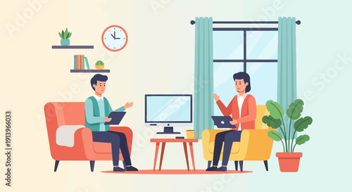 Two people in a living room discussing something on their laptops