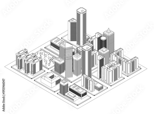 Low poly contour drawing of an isometric city skyline with symmetrical skyscrapers. Central tall building is surrounded by smaller structures in a bustling black and white metropolis. Isometric view
