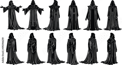 Dark hooded figure silhouette collection showing mysterious robed characters in multiple poses, gothic fantasy costume design, black vector illustration isolated on white background