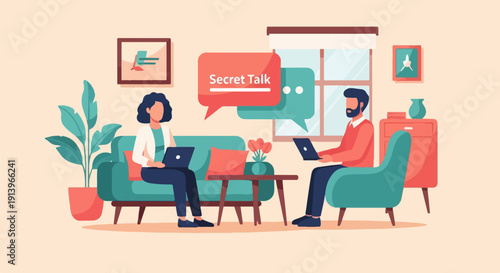 Two people in a living room having a secret talk on laptops