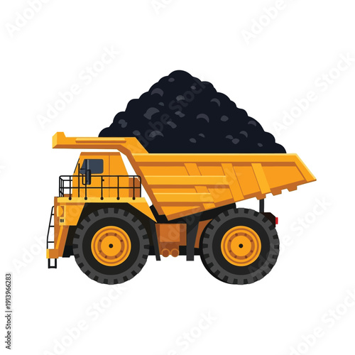 Vibrant yellow mining dump truck illustration loaded with dark coal or ore, representing heavy industry, earthmoving operations, and resource extraction, isolated on a clean white background