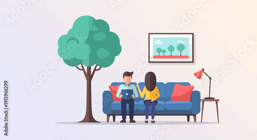 Two people relax on a blue couch with a tree and artwork in a modern room