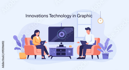 Two people sit on chairs working on laptops next to a TV