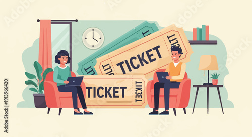 Two people sit on comfy chairs, each on a laptop, with large tickets behind them