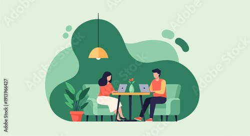 Two people sit on couches at a table with laptops, a plant, and a lamp