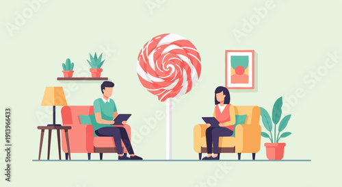 Two people sit on couches, each holding a tablet, with a large lollipop