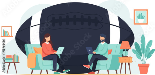 Two people on couches using laptops with a large football shape in the background