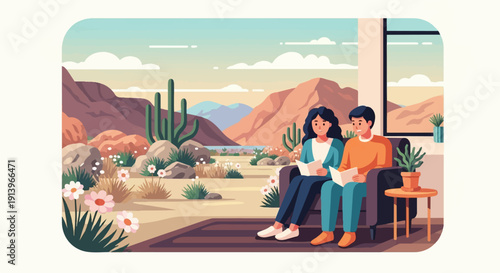 Two people relax on a couch, reading books, with a desert landscape view