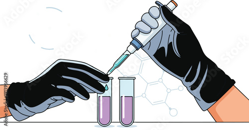 Scientist's hands carefully pipetting liquid into test tubes in a laboratory setting from a close-up viewpoint