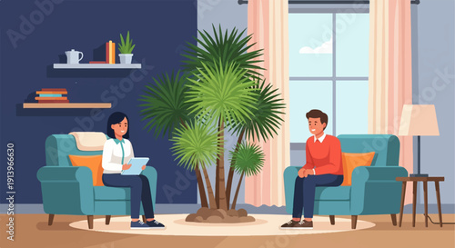 Two people sitting in armchairs in a room with a large plant