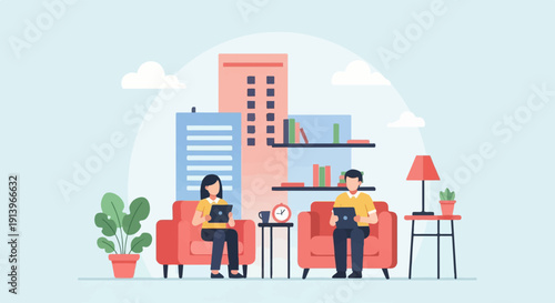 Two people sitting in armchairs using tablets with buildings and shelves in background