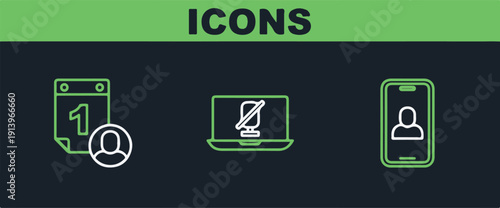 Set line Video chat conference, Time management and Mute microphone laptop icon. Vector