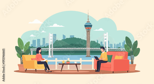 Two people relax on balconies overlooking a city skyline with a tower and bridge