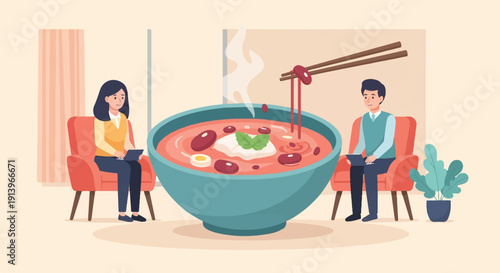 Two people sitting in chairs by a giant bowl of soup being eaten with chopsticks