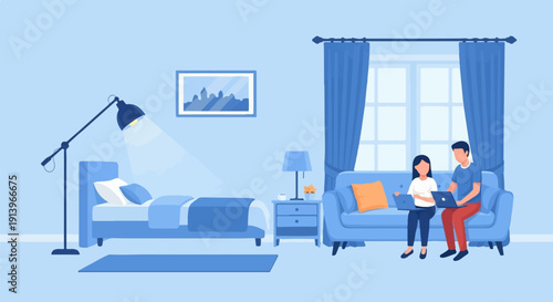 Two people work on laptops on a couch in a blue-themed room