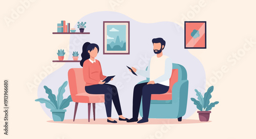 Two people sitting in chairs in a room with plants and art