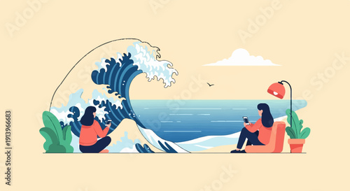 Two people on phones, vast ocean wave, serene indoor scene