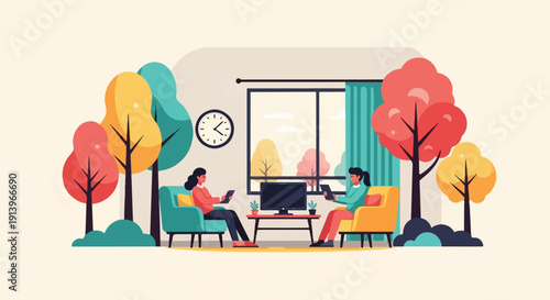 Two people relax on colorful chairs indoors, with tablets, near a window and trees