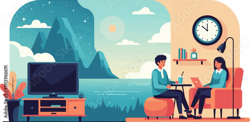 Two people work on laptops in a cozy room with a scenic view of mountains and ocean