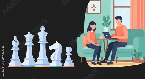 Two people on sofa with laptop near chess pieces