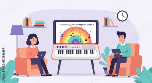 Two people relax on couches, engaging with digital tablets, near a keyboard with a rainbow