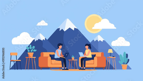 Two people on sofas with laptops, mountains, sun, clouds, plants