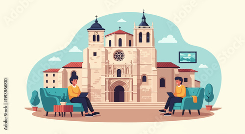 Two people relax on sofas using laptops in front of a grand building