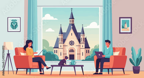 Two people work on laptops in a living room with a church view