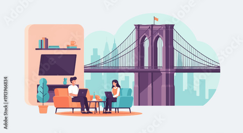 Two people work on laptops in a living room with a city bridge in the background